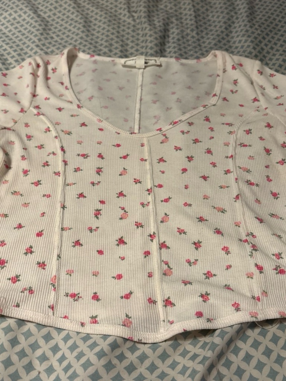 Hippie Rose Cream Ribbed Short Sleeve Top with Pink Floral Print